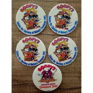 Lot of 5: VTG Goofy's Kitchen Disneyland Opening Toontown 1993 - 3" Button Pins
